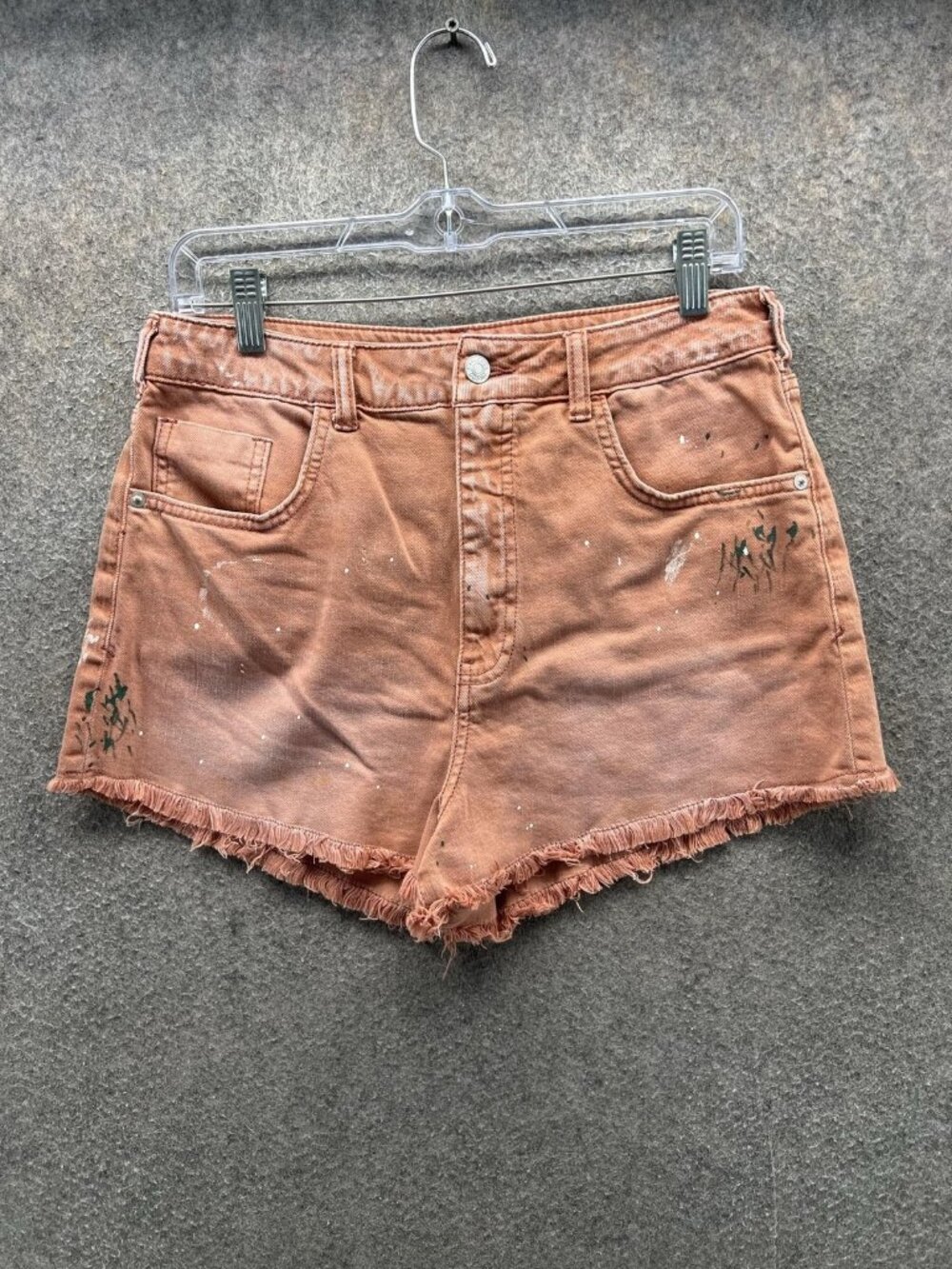 Pilcro Shorts Womens 30 Orange Denim Cutoff Frayed Hem Paint Splatter 3 Inseam